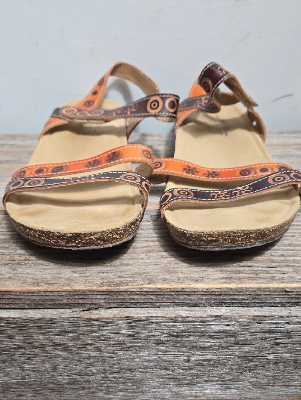 L'ATISTE Spring Step Women's Orange and Brown Leather Cork Strappy Sandal